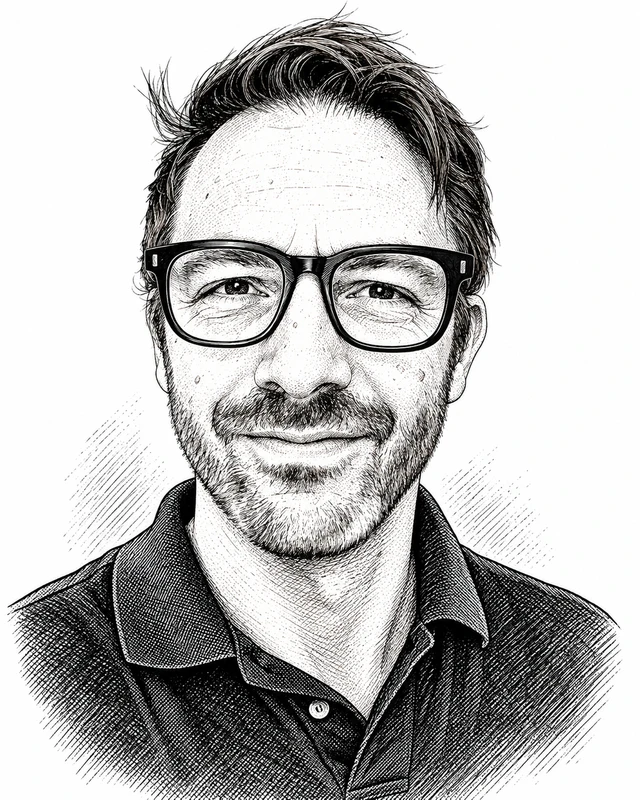 Schwarz-weiß gezeichnetes Comic-Porträt des Growber-Gründers mit Brille